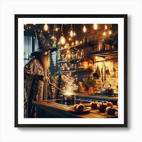 Wizard cooking a meal in a cozy modern kitchen 3 Art Print