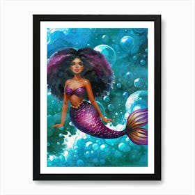 Mermaid, afro, melanin, black, bubbles, cute, sea, ocean Poster