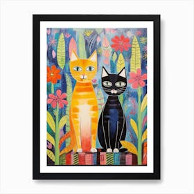 Two Patchwork Cats In A Floral Garden Póster