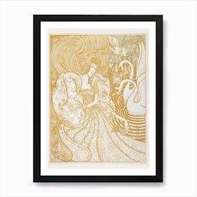 Woman With A Butterfly At A Pond With Two Swans Art Print