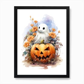 Cute Ghost With Pumpkins Halloween Watercolour 123 Art Print