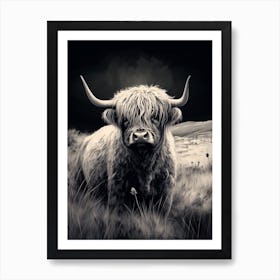 Textured Black & White Illustration Of Highland Cow Affiche