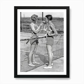 Two Women Playing Tennis Vintage Black and White Photo Art Print