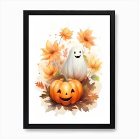 Cute Ghost With Pumpkins Halloween Watercolour 84 Poster