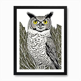 Great Horned Owl Linocut Bird Poster