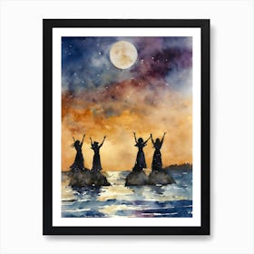 Sea Witches ~ Lunar Goddess Drawing Down The Moon ~ Witchy Pagan Manifesting Spells Watercolour Wiccan Artwork Art Print