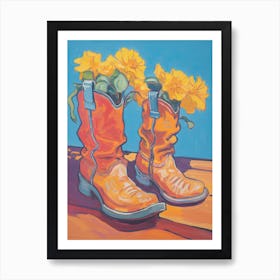 A Painting Of Cowboy Boots With Daffodils Flowers, Fauvist Style, Still Life 3 Poster
