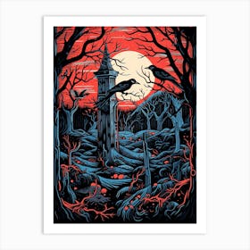 Birds And Branches Linocut Style 4 Art Print