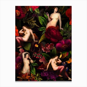 Antique Nymphs In Flower Night Garden Canvas Print