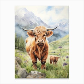 Highland Cow With Calf In The Background Stampe su tela