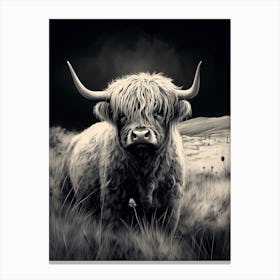 Textured Black & White Illustration Of Highland Cow Stampe su tela
